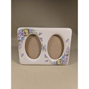 Floral Picture Frame Terragrafics 4x6 Double Oval Ceramic Purple Blue 1987